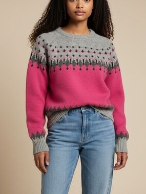JohnPaulRichard Pink and Gray Fair Isle Crewneck Sweater